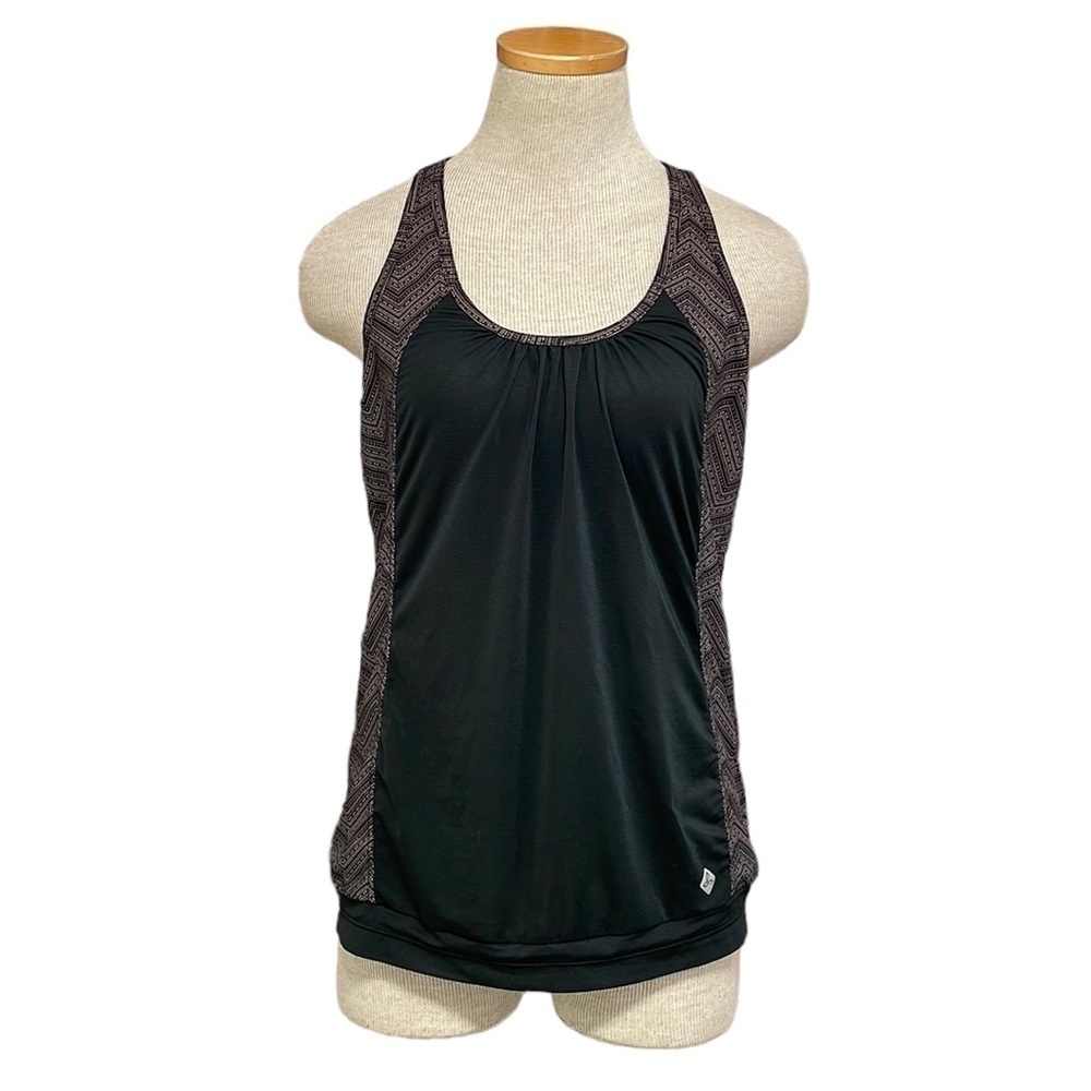 PrAna Tank Top Shirt Black Purple Geometric Racer Back Size Small S Athletic